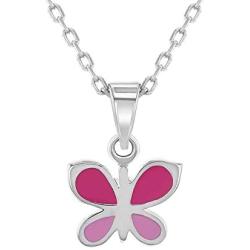 925 Sterling Silver Pink Enamel Butterfly Necklace Pendant for Girls 16''