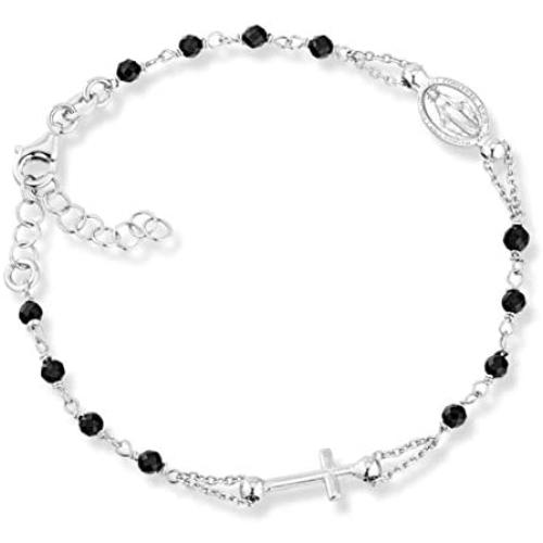 MiaBella 925 Sterling Silver Italian Natural Black Spinel Rosary Cross Charm Bead Bracelet for Women Teen Girls, Adjustable Link Chain 6 to 8 Inch Handmade in Italy