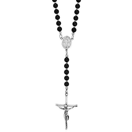 Faithful Devotion Rosary Simulated Black Onyx .925 Sterling Silver Pendant Necklace