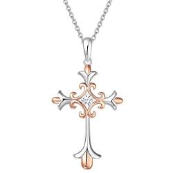 FANCIME White Gold Rose Gold Plated 925 Sterling Silver Embossed Infinity Cross Crucifix Delicate Pendant Necklace Dainty Pendant with Round CZ Fine Jewelry for Women Girls,16+2'', 18”