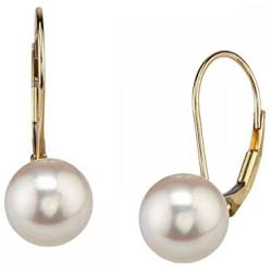 THE PEARL SOURCE 14K Gold AAA Quality Round Genuine White Akoya Cultured Pearl Leverback Earrings for Women