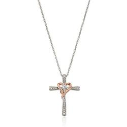 Jewelili 14K Rose Gold Over Sterling Silver 1/10 Cttw Natural White Round Diamond Heart Cross Pendant Necklace, 18'' Rope Chain