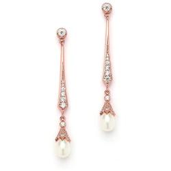 Mariell Slender Rose Gold CZ Vintage Dangle Earrings with Freshwater Pearl Drops - Bridal Wedding Style