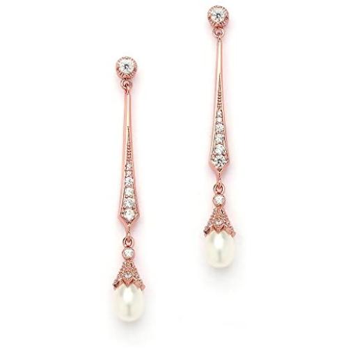 Mariell Slender Rose Gold CZ Vintage Dangle Earrings with Freshwater Pearl Drops - Bridal Wedding Style