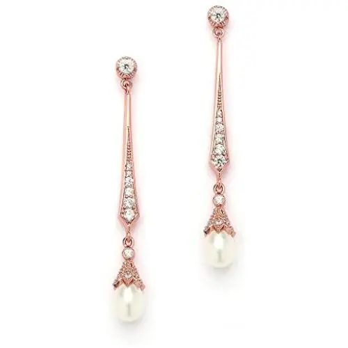 Mariell Slender Rose Gold CZ Vintage Dangle Earrings with Freshwater Pearl Drops - Bridal Wedding Style Mariell Slender Rose Gold CZ Vintage Dangle Earrings with Freshwater Pearl Drops - Bridal Wedding Style