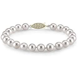The Pearl Source 14K Gold 7-8mm AAAA Quality Round White Freshwater Cultured Pearl Bracelet for Women
