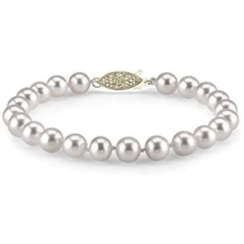 The Pearl Source 14K Gold 7-8mm AAAA Quality Round White Freshwater Cultured Pearl Bracelet for Women