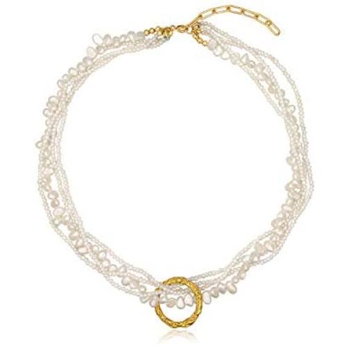 YorzAhar Full Moon Tangled Pendant Necklace Multilayer Pearls Choker Vintage Gold Circle Pearl Strands Necklace for Women Girls Greek Design