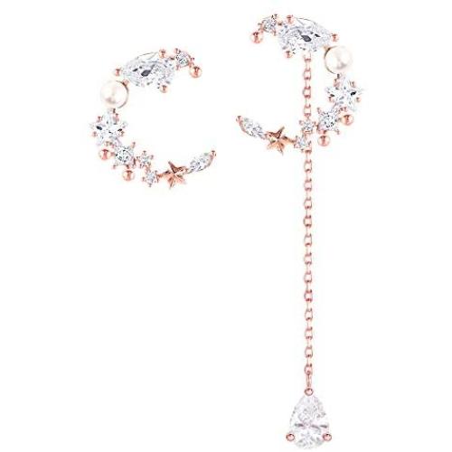 WingBling Crescent Moon Stars Goddess Luna 14K Rose Gold Plated Necklace White Gold plated (Rhodium) Silver Dainty Swarovski Crystal Pearl Cubic Zirconia drop dangle Earring Jewelry Gift for Women