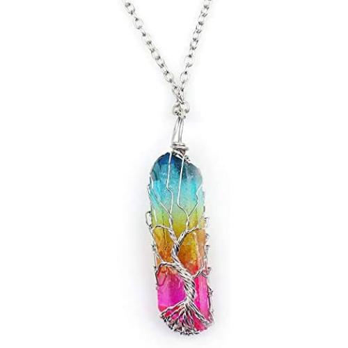 ARZASGO Natural Healing Crystals Necklace, Tree of Life Wire Wrapped Clear Quartz Pendant Necklace Gemstone Jewelry for Family Friends