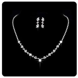 N-A Silver Bridal Crystal Choker Necklace Drop Earrings Set Flower Water-Drop Y Shaped Necklace Women Glittering Rhinestone Wedding Jewelry Set