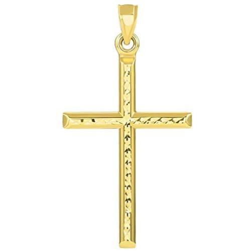 14k Yellow Gold Textured Religious Classic Tube Cross Pendant