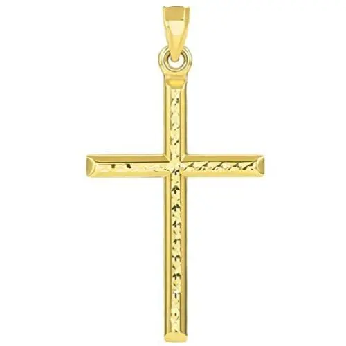 14k Yellow Gold Textured Religious Classic Tube Cross Pendant