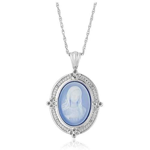 925 Sterling Silver Carved Agate Madonna Virgin Mary with 1/10 cttw Diamond or Butterfly Cameo Pendant Necklace, 18''