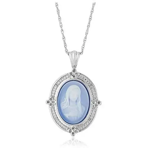 925 Sterling Silver Carved Agate Madonna Virgin Mary with 1/10 cttw Diamond or Butterfly Cameo Pendant Necklace, 18''