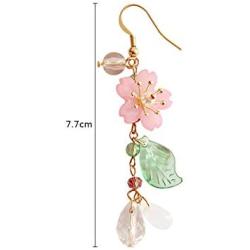 DOUBNINE Pink Flower Earrings Dangle Cherry Blossoms Sakura Teardrop Fairy Leaf Petal Drop Spring Women Accessories