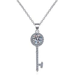 PINGTOUGE Hearts and Arrows Moissanite Key Pendant Necklace 925 Sterling Silver Lucky Lock Opener 18'' Rolo Link Chain for Women Girls