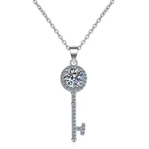 PINGTOUGE Hearts and Arrows Moissanite Key Pendant Necklace 925 Sterling Silver Lucky Lock Opener 18'' Rolo Link Chain for Women Girls