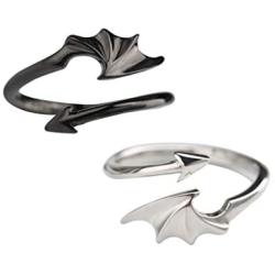 Personality Angel Devil Wings Open Ring for Men and Women Dragon Wing Arrow Adjustable Black White Couple Ring