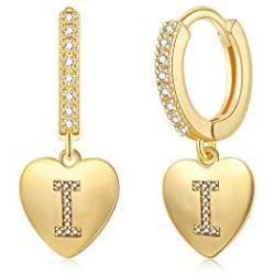 Mothers Day Gift Initial Hoop Earrings Heart Drop Dangle Alphabet Letters A To Z Hoop Earrings for Girl 14K Real Gold Plated Huggie Earrings