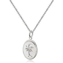 Sterling Silver Polished Palm Tree Summer Medallion Coin Round Pendant Necklace