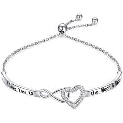 925 Sterling Silver Heart Infinity Bracelet for Women Engraved''I Love You To The Moon And Back'' Adjustable Bracelets for Daughter girlfriend Wife Valentines Day Gifts