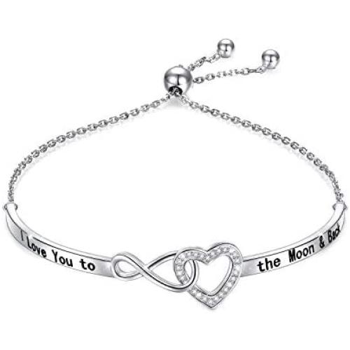 925 Sterling Silver Heart Infinity Bracelet for Women Engraved''I Love You To The Moon And Back'' Adjustable Bracelets for Daughter girlfriend Wife Valentines Day Gifts