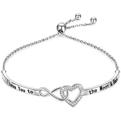 925 Sterling Silver Heart Infinity Bracelet for Women Engraved''I Love You To The Moon And Back'' Adjustable Bracelets for Daughter girlfriend Wife Valentines Day Gifts 925 Sterling Silver Heart Infinity Bracelet for Women Engraved''I Love You To The Moon And Back'' Adjustable Bracelets for Daughter girlfriend Wife Valentines Day Gifts