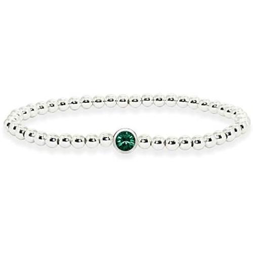 Sterling Silver Polished Beads Stretch Stack Bracelet Made with Swarovski Crystal For Women Teens Girls