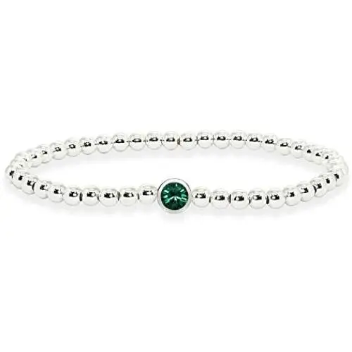 Sterling Silver Polished Beads Stretch Stack Bracelet Made with Swarovski Crystal For Women Teens Girls Sterling Silver Polished Beads Stretch Stack Bracelet Made with Swarovski Crystal For Women Teens Girls