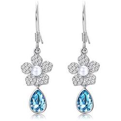 Sllaiss 925 Sterling Silver Blue Teardrop Earrings Austria Crystals Flower Dangle earrings Pearl Drop Earrings for Women