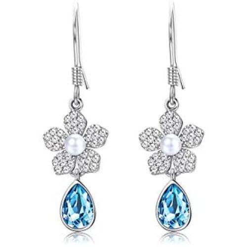 Sllaiss 925 Sterling Silver Blue Teardrop Earrings Austria Crystals Flower Dangle earrings Pearl Drop Earrings for Women