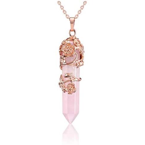 Top Plaza Flower Wrapped Necklace Natural Healing Crystal Stone Point Pendant Necklaces