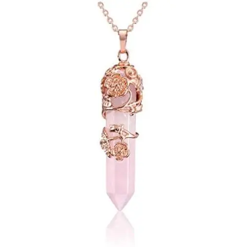 Top Plaza Flower Wrapped Necklace Natural Healing Crystal Stone Point Pendant Necklaces Top Plaza Flower Wrapped Necklace Natural Healing Crystal Stone Point Pendant Necklaces