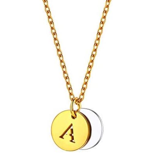 U7 Tiny Initials Necklace Stainless Steel 18K Gold Plated Monogram A to Z Pendant Choker with 18 Inch Chain, Disc Coin or 100 Languages I Love You Style,Gift Packed,Custom Text Engravable