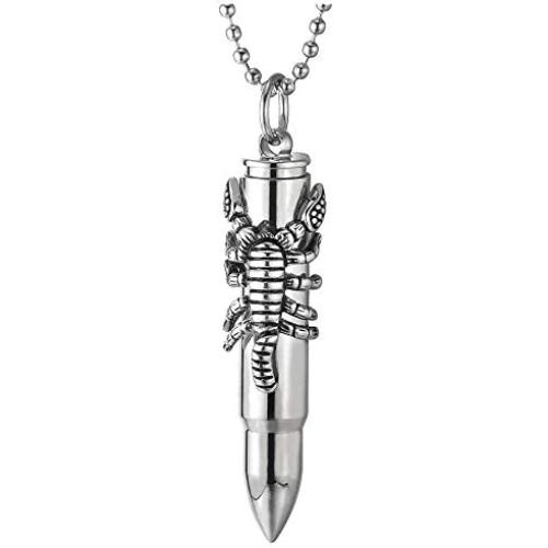 COOLSTEELANDBEYOND Mens Stainless Steel Scorpion King Bullet Pendant Necklace Pill Box Memorial Holder, 30 inches Chain