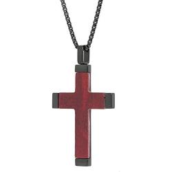 Stainless Steel Cross Pendant Necklace with Wood and Black Ion Plating 24 Inch Box Chain Lobster Claw by Lavari Jewelers