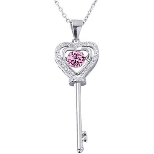 XVX Beating Heart Key Necklace 925 Sterling Silver with White Gold Plated Cubic Zirconia Dancing Birthstone Pendant Forever Love Necklaces Jewelry Gifts for Women Girl