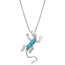 Honolulu Jewelry Company Sterling Silver Gecko Necklace Pendant with Simulated Blue Opal and 18'' Box Chain