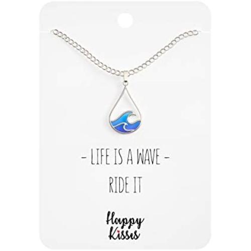 Ocean Wave Necklace – Cute Drop Shape Pendant for Surfer, Sea Lover, Hawaiian or Beach Enthusiast - Blue Wave Jewelry is a Great Gift for any Woman