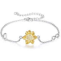 Annie & Kevin 925 Sterling Silver Sunflower Anklets/Bracelets/Necklaces/Earrings/Jewelry Set/Yellow Gold Plated CZ Flower with Jewelry Gift Box for Women