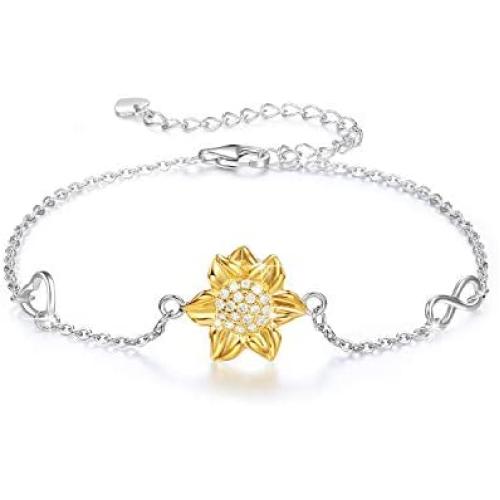 Annie & Kevin 925 Sterling Silver Sunflower Anklets/Bracelets/Necklaces/Earrings/Jewelry Set/Yellow Gold Plated CZ Flower with Jewelry Gift Box for Women