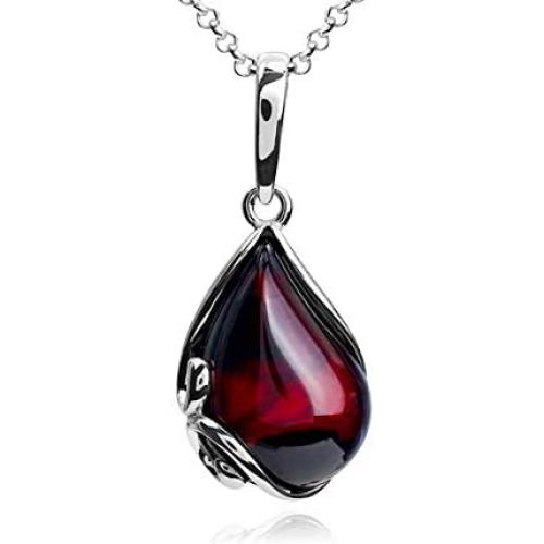 Cherry Amber Sterling Silver Pendant Necklace Chain 46 cm 18 inches