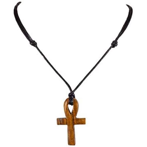BlueRica Hand Carved Wood Ankh Cross Pendant on Adjustable Black Rope Cord Necklace