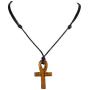 BlueRica Hand Carved Wood Ankh Cross Pendant on Adjustable Black Rope Cord Necklace