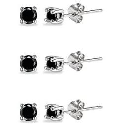 Sterling Silver Black Cubic Zirconia set of 3 Round 2mm Stud Earrings