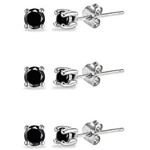 Sterling Silver Black Cubic Zirconia set of 3 Round 2mm Stud Earrings