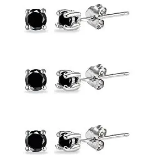 Sterling Silver Black Cubic Zirconia set of 3 Round 2mm Stud Earrings Sterling Silver Black Cubic Zirconia set of 3 Round 2mm Stud Earrings
