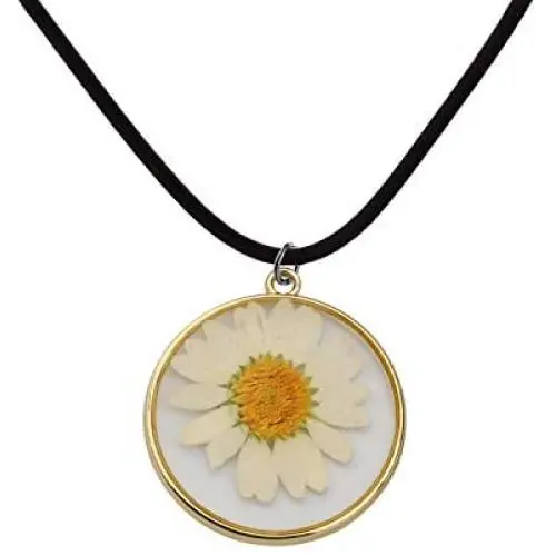 CENWA Daisy Flower Necklace Real Dried Flower Black Leather Necklace Handmade Pressed Flowers Jewelry Gift for Nature Lovers Mori Girl