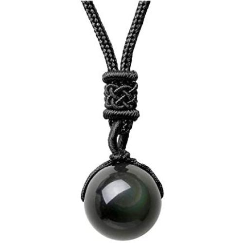 Double Rainbow Eyes 16mm Natural Obsidian Stone Pendant Lucky Blessing Beads Pendant Necklace with Adjustable Braided Rope Cord Amulet